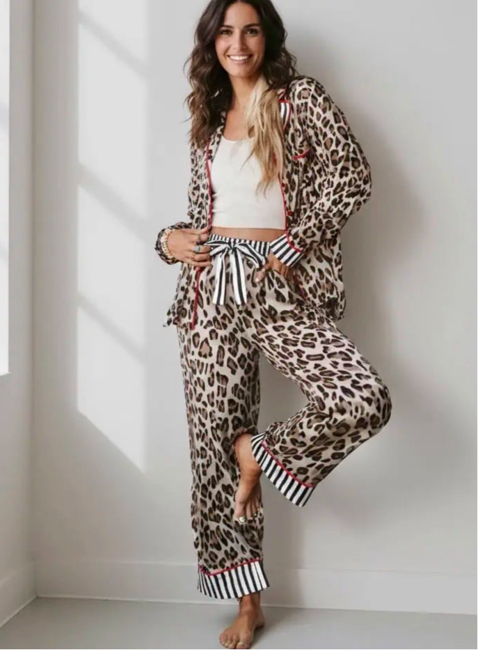Leopard and Striped Trim Shirt and Pants Set | Loungewear Sets Daverri Fashions