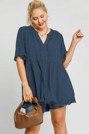 Umgee Full Size Raw Hem Notched Babydoll Linen Blouse Plus Size | Blouses Daverri Fashions
