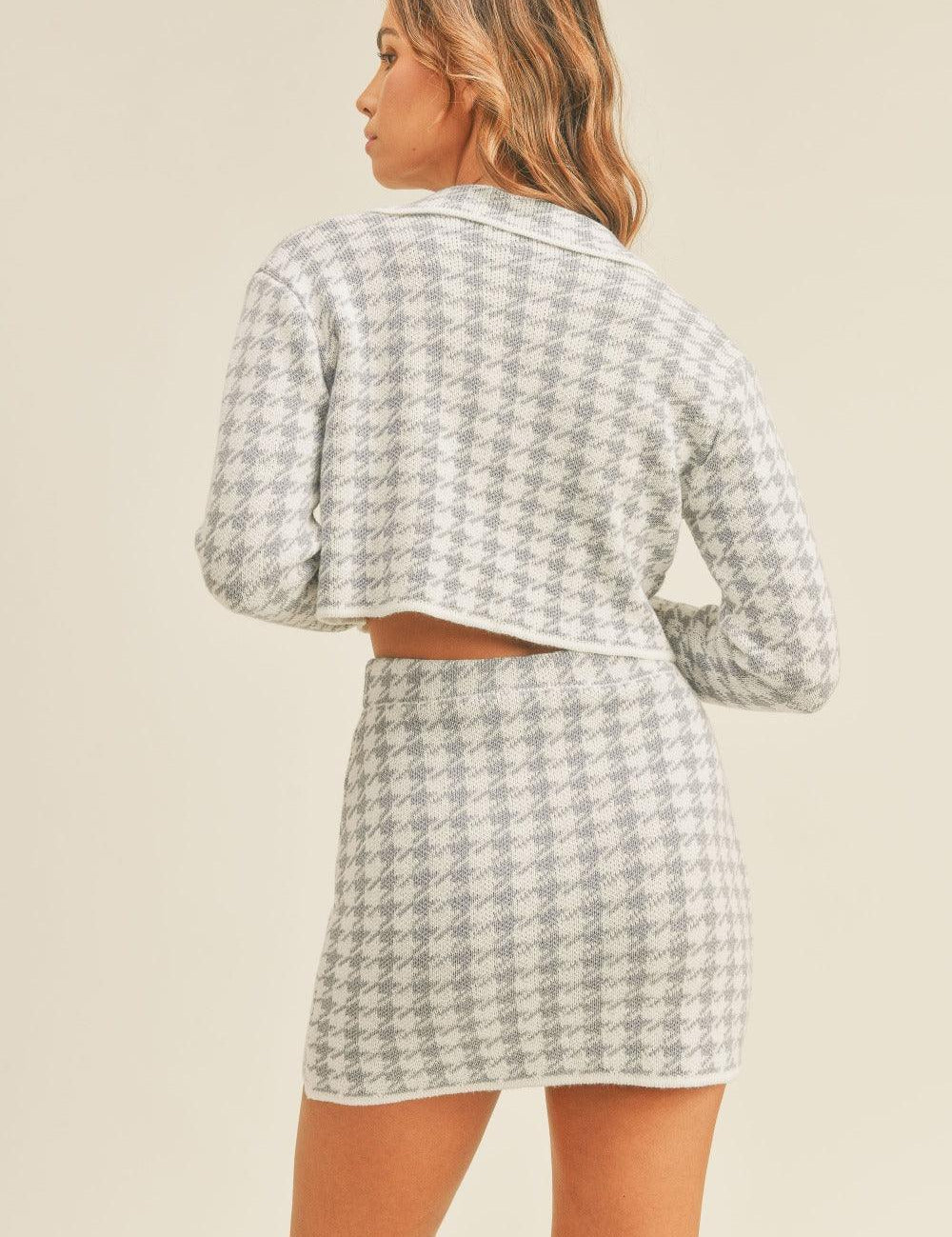MABLE Houndstooth Cropped Knit Cardigan and Mini Skirt Set | Outfit Sets Daverri Fashions