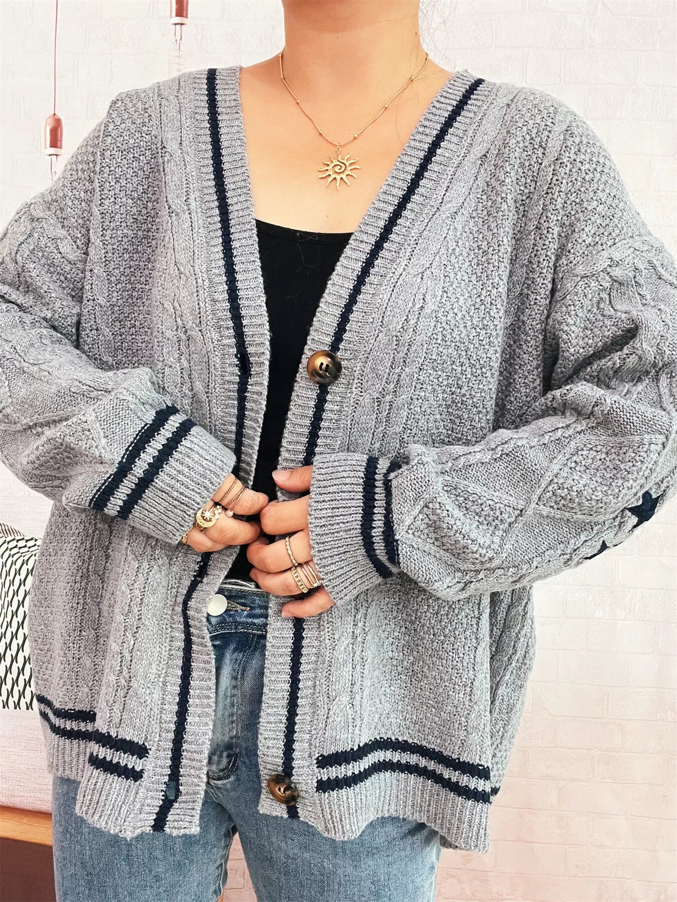 Star Pattern Button-Up Cardigan with Contrast Trim | Cardigans Daverri Fashions