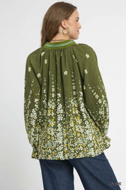 Umgee Floral Vine Print Blouse with Balloon Sleeves | Blouses Daverri Fashions