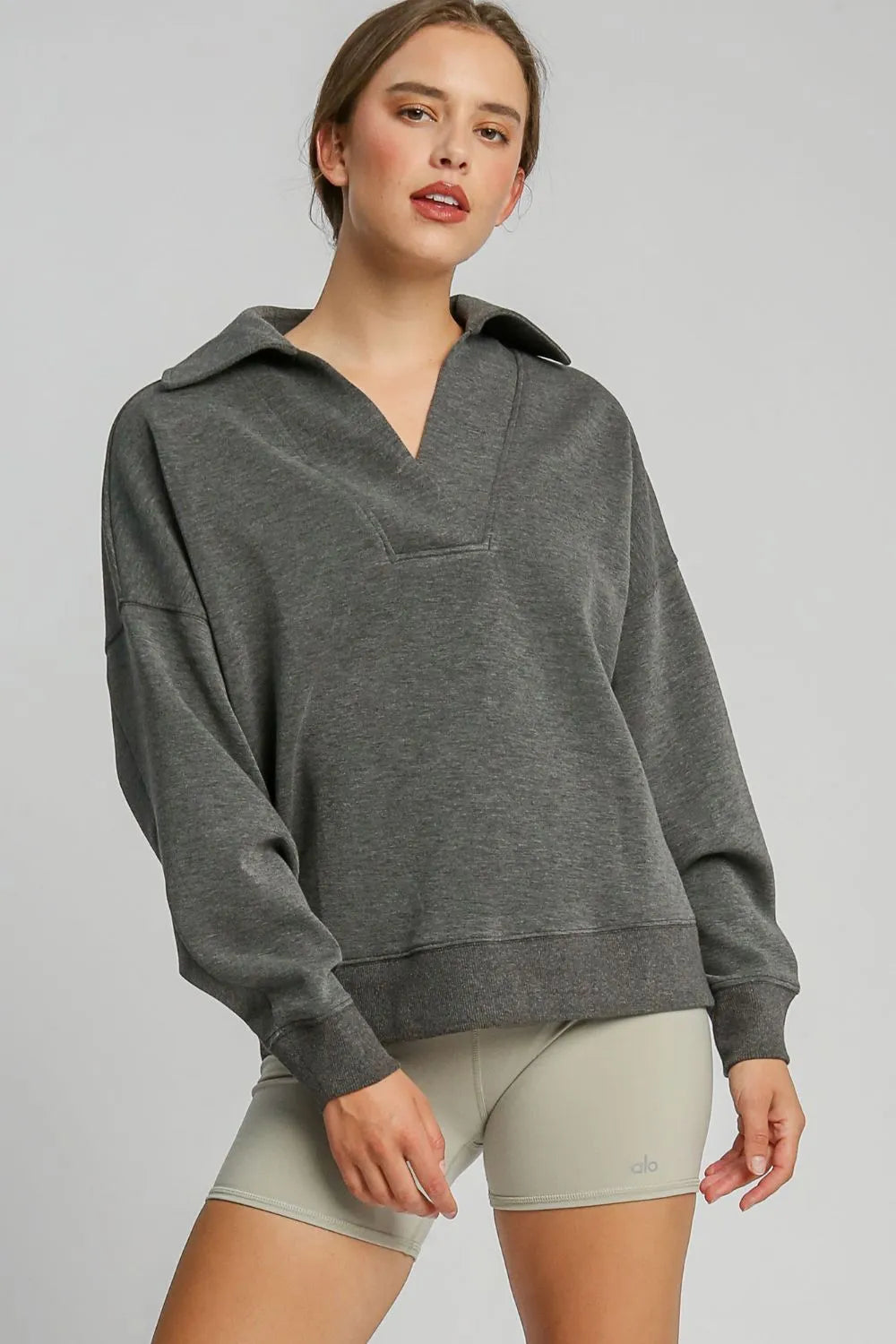 Charcoal Umgee Johnny Collar Dropped Shoulder Sweatshirt | Daverri Fashions