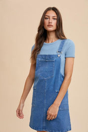 Indigo Washed Denim Annie Wear Wide Strap Denim Overall Dress with Pockets | Daverri Fashions