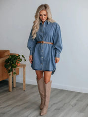 Button Up Collared Neck Long Sleeve Denim Dress | Daverri Fashions