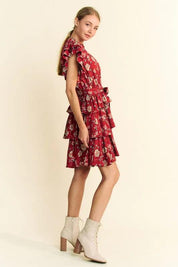 Davi & Dani Ruffle Flutter Sleeve Tie Belt Tiered Mini Dress | Mini Dresses Daverri Fashions