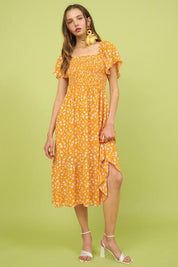 Gold Mittoshop Flower Print Flutter Sleeve Smocked Midi Dress | Mid Dresses Daverri Fashions