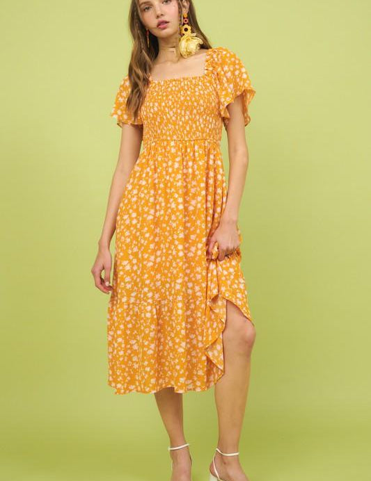 Gold Mittoshop Flower Print Flutter Sleeve Smocked Midi Dress | Mid Dresses Daverri Fashions
