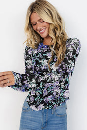 Floral Print Mesh Fitted Long Sleeve Top | Tops Daverri Fashions