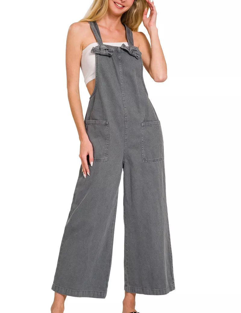 Zenana Washed Knot Strap Pockets Jumpsuit | Jumpsuits Daverri Fashions