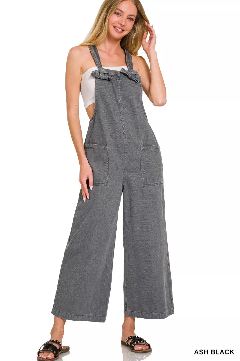 Zenana Washed Knot Strap Pockets Jumpsuit | Jumpsuits Daverri Fashions