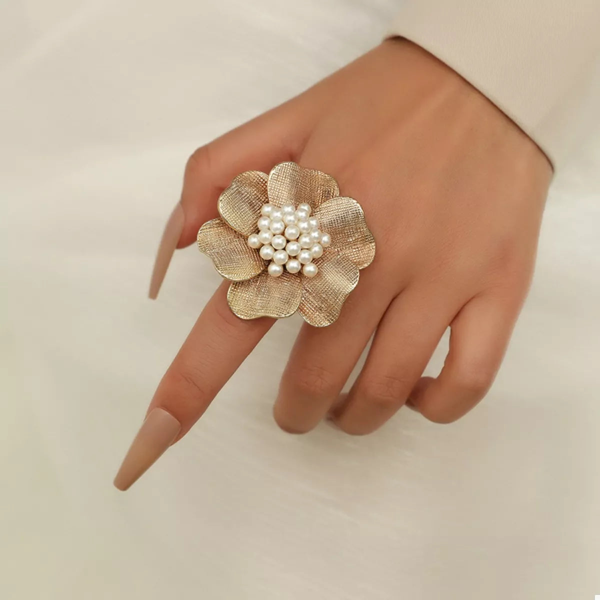 Gold One Size 18K Gold-Plated Pearl Flower Ring | Rings Daverri Fashions