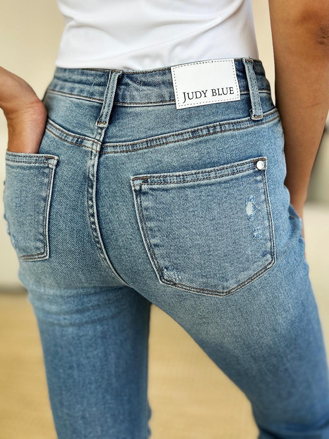 Judy Blue Full Size Mid Rise Destroyed Hem Distressed Jeans | Jeans Daverri Fashions