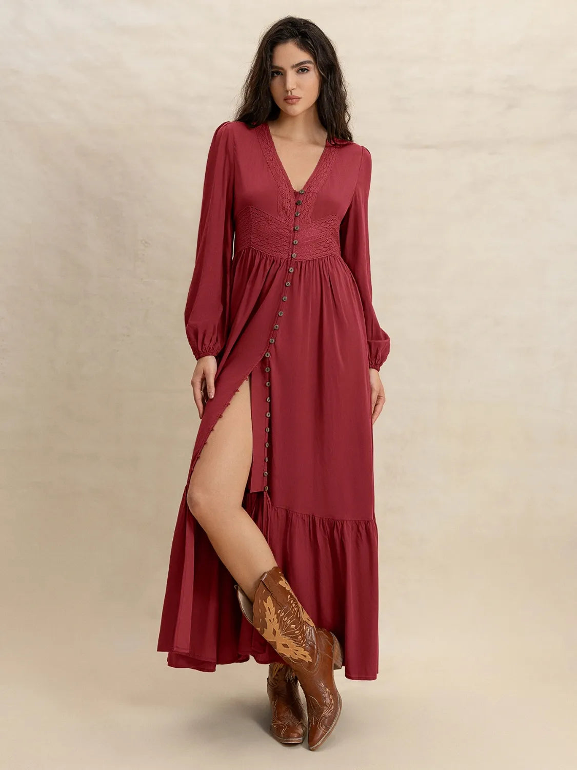 V-Neck Balloon Sleeve Ruffled Hem Maxi Dress | Daverri Fashions