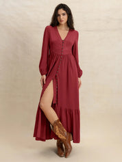 V-Neck Balloon Sleeve Ruffled Hem Maxi Dress | Daverri Fashions