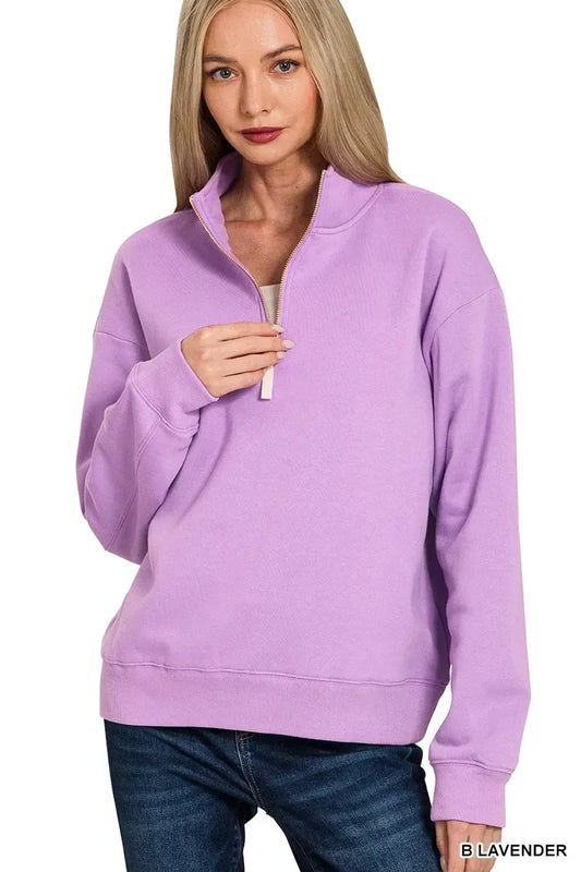 Zenana Fleece Half Zip Sweatshirt Lavender - DAVERRI FASHIONS