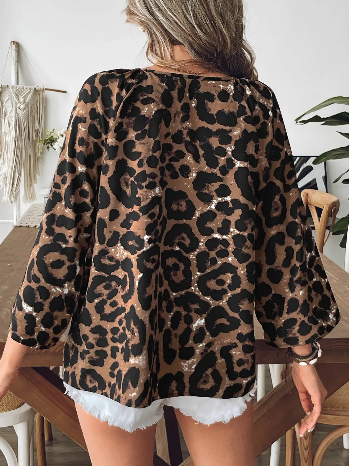 Oversized Leopard V-Neck Three-Quarter Sleeve Blouse | Blouses Daverri Fashions