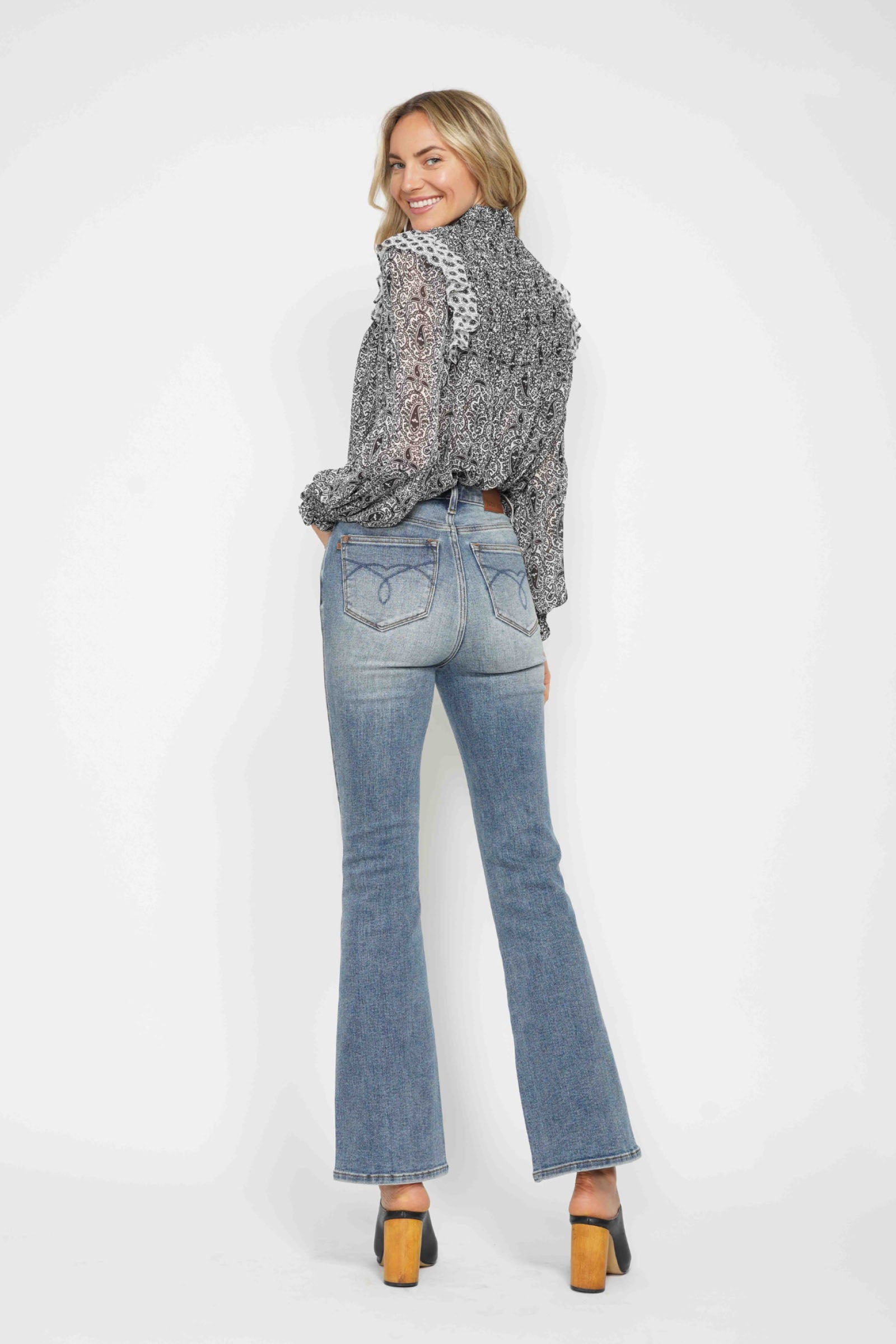 Judy Blue Full Size Tummy Control Back Embroidered Pocketed Bootcut Jeans Plus Size | Daverri Fashions