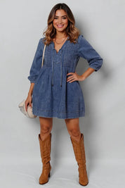 Dark Tie Neck Long Sleeve Mini Denim Dress | Mini Dresses Daverri Fashions