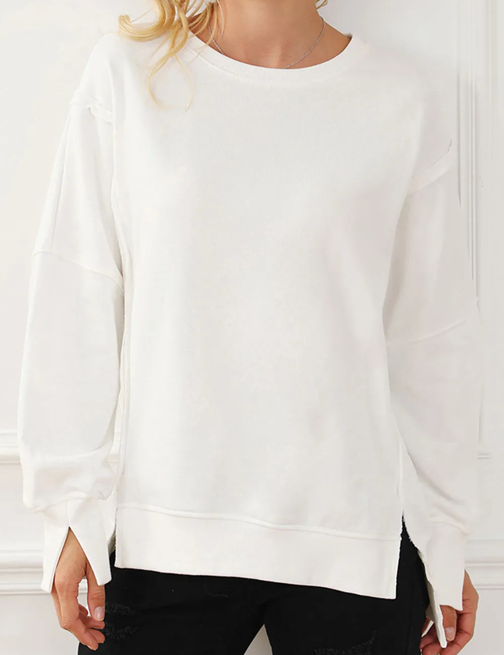 Exposed Seam High-Low Long Sleeve Sweatshirt | Daverri Fashions