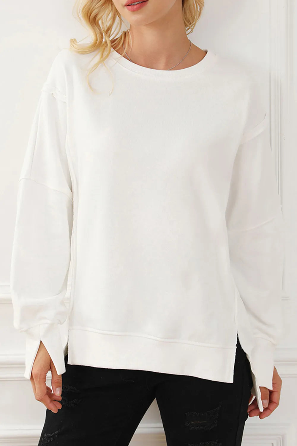 Exposed Seam High-Low Long Sleeve Sweatshirt | Daverri Fashions