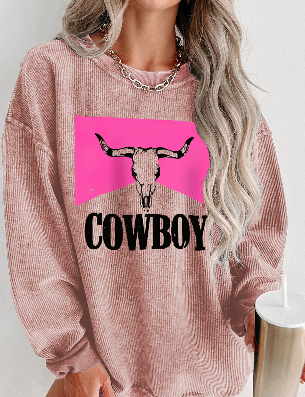 Dusty Pink COWBOY Graphic Round Neck Sweatshirt | Sweatshirts Daverri Fashions