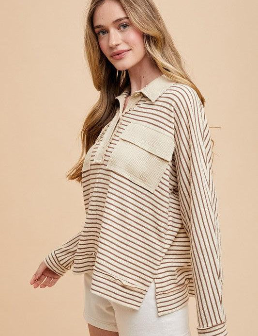 Annie Wear Striped Button Detail Long Sleeve Polo Top | Tops Daverri Fashions