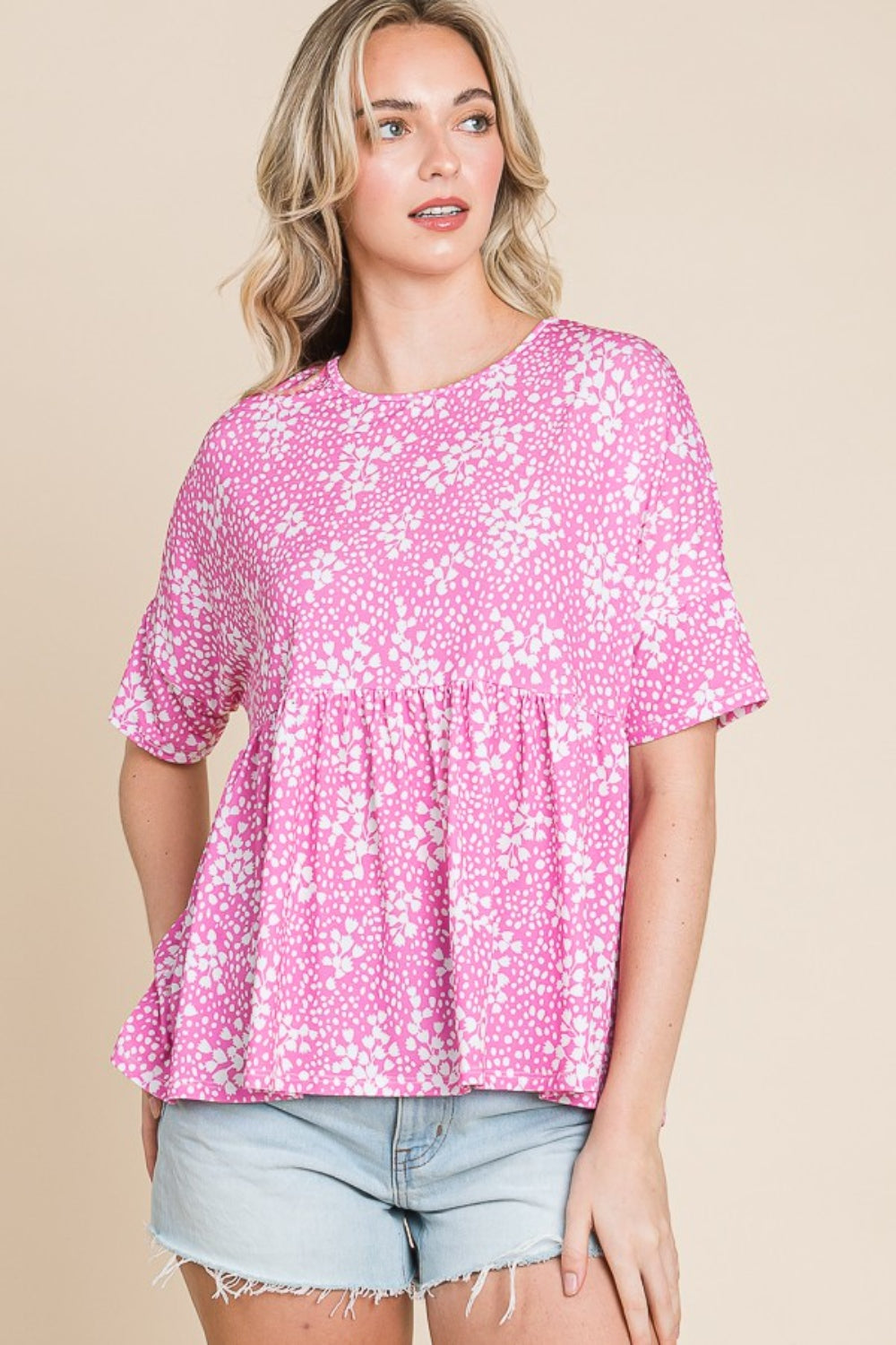 BOMBOM Floral Round Neck Peplum Blouse | Daverri Fashions