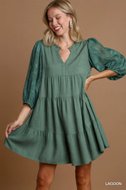 LAGOON L Umgee Floral Contrast Sleeve Tiered Dress | Daverri Fashions