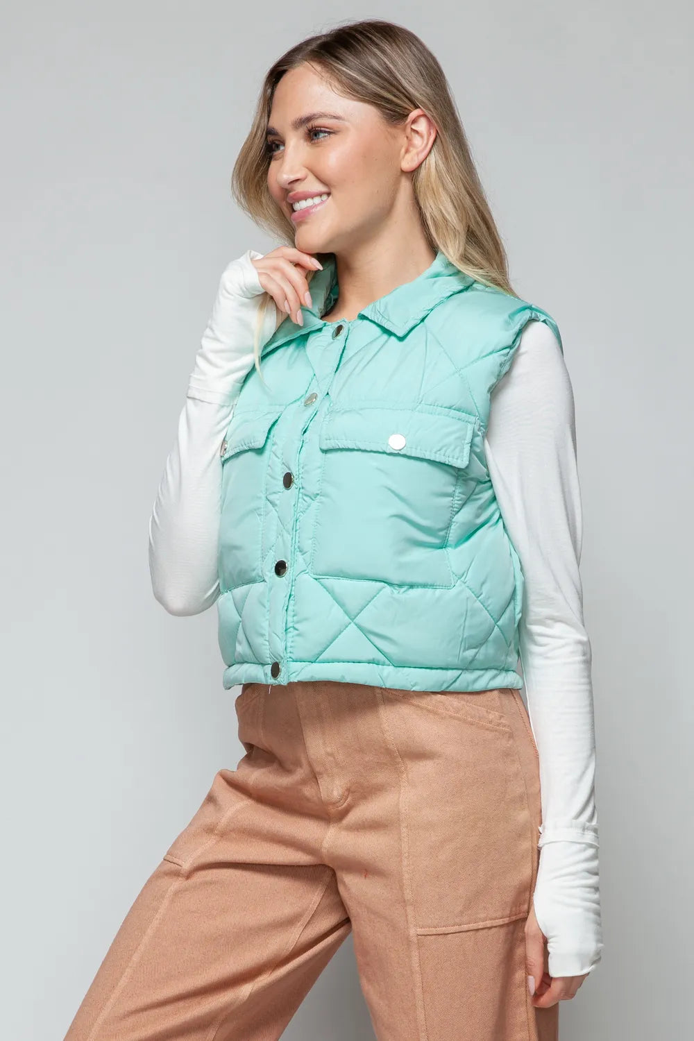 Snobbish Snap Down Quilted Crop Vest | Vest Jackets Daverri Fashions