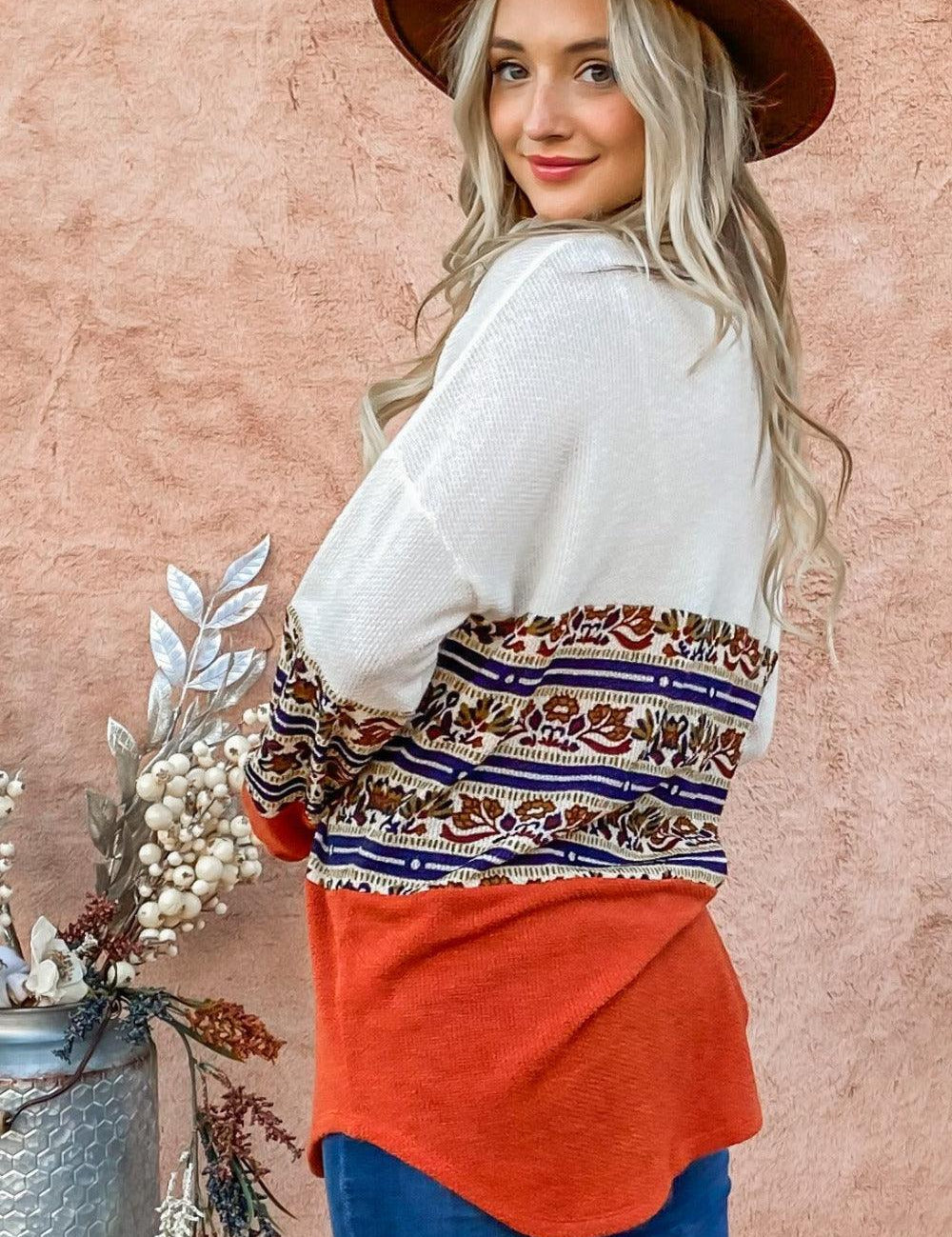 And The Why Ethnic Print Color Block Top | Tops Daverri Fashions