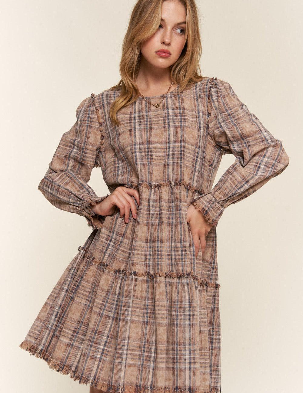Brown And The Why Full Size Washed Frayed Tiered Plaid Dress | Daverri Fashions
