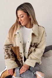 Pocketed Leopard Collared Neck Sherpa Jacket | Jackets Daverri Fashions