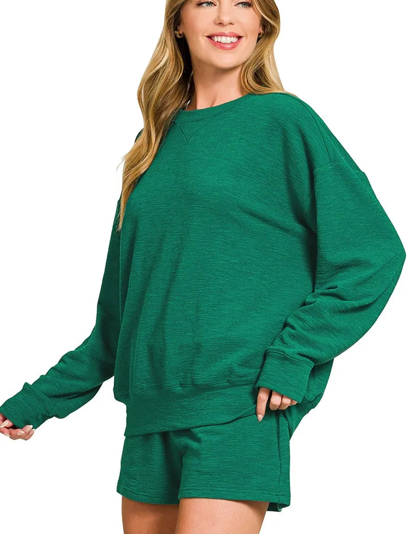 Zenana Slub Long Sleeve Top and Shorts Set | Loungewear Sets Daverri Fashions