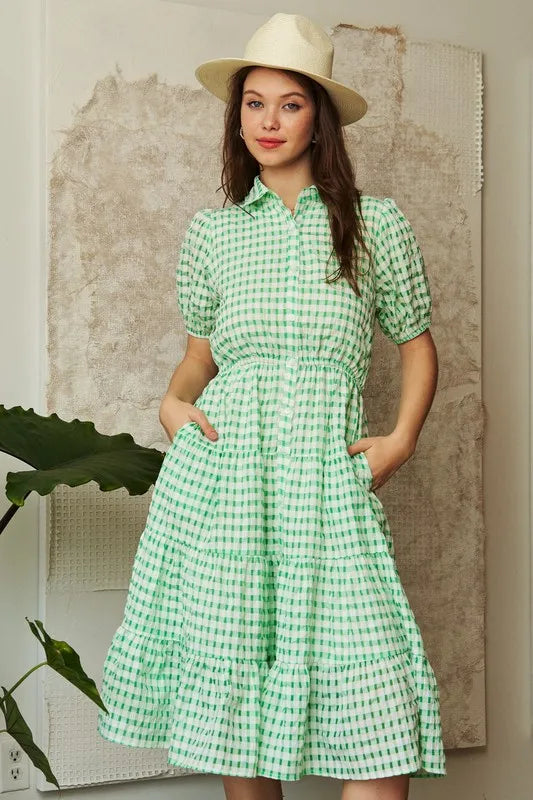 Davi & Dani Checkered Puff Sleeve Tiered Shirt Dress | Knee Length Dresses Daverri Fashions