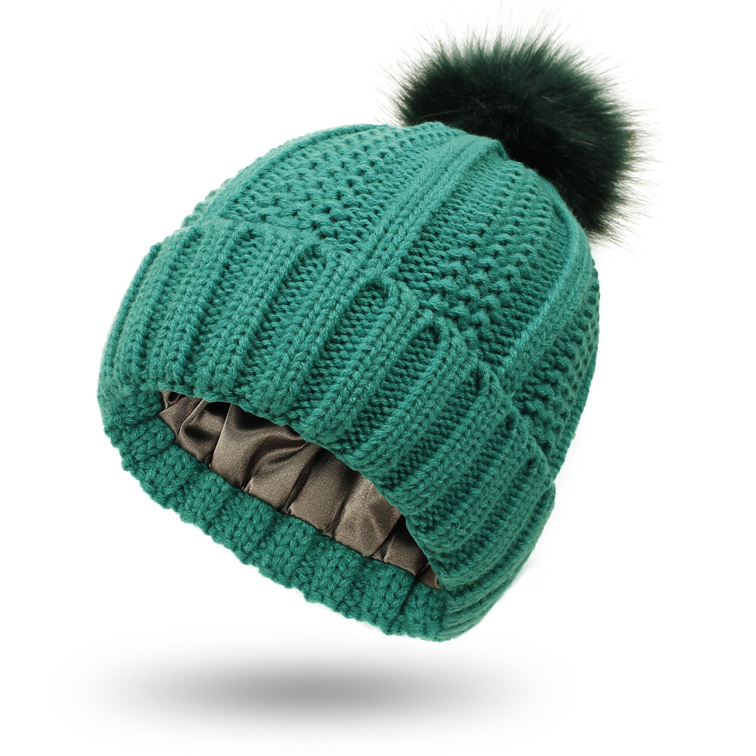 Green One size Stretchy Satin-Lined Skull Knit Pom Pom Hat | Hats Daverri Fashions