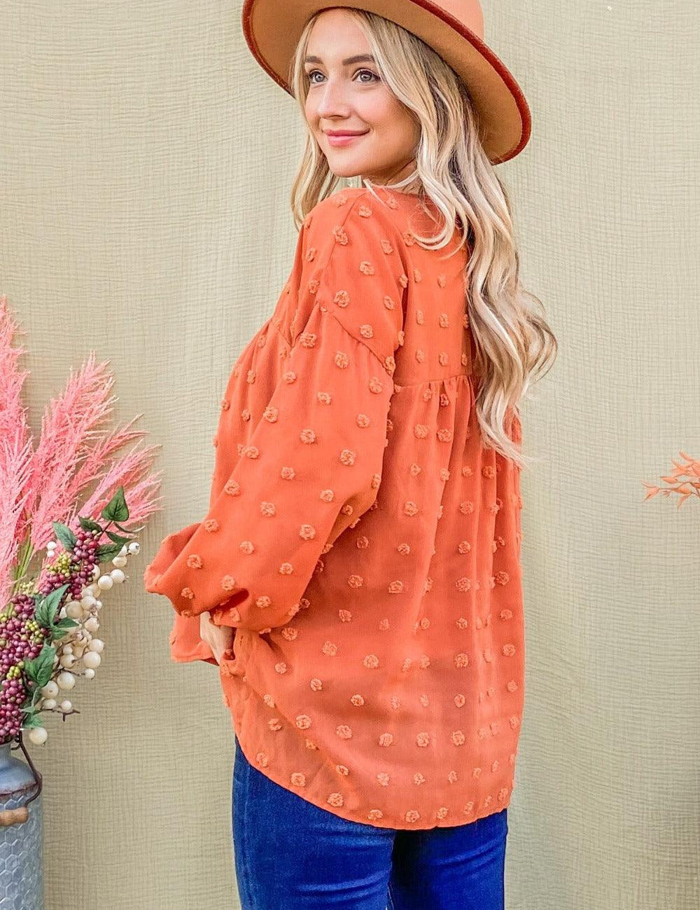 And The Why Swiss Dot V Neck Balloon Sleeve Woven Blouse | Daverri Fashions