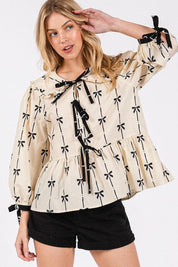 Cream SAGE + FIG Bow Print Tie Front Babydoll Blouse | Blouses Daverri Fashions