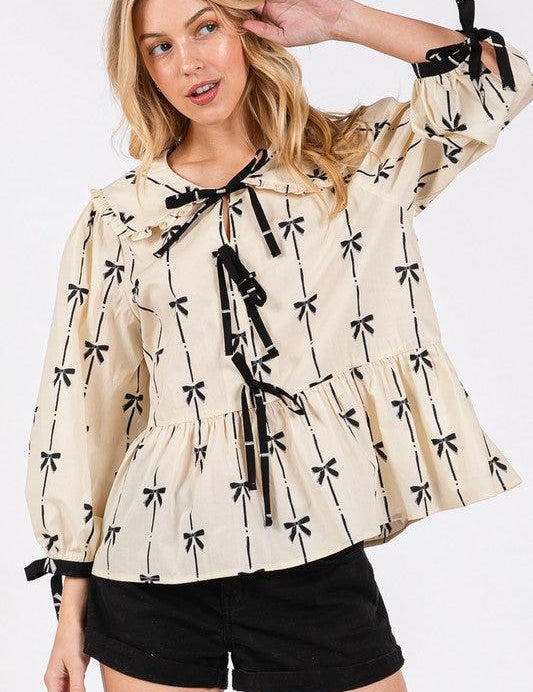 Cream SAGE + FIG Bow Print Tie Front Babydoll Blouse | Blouses Daverri Fashions