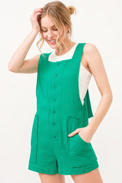 Green And The Why Button Up Tie Back Sleeveless Romper | Daverri Fashions