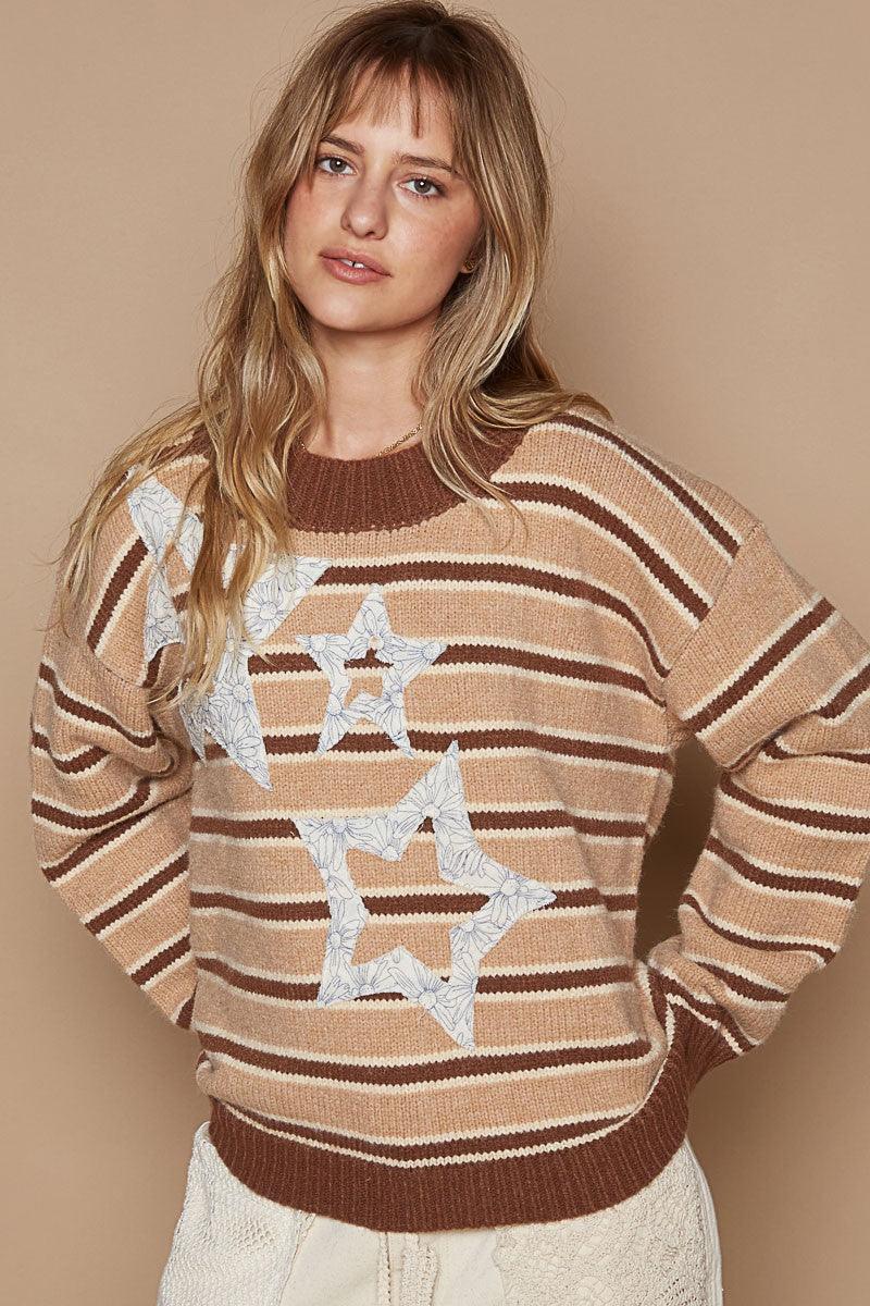 POL Star Patch Stripe Round Neck Sweater | Sweaters Daverri Fashions