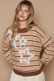 POL Star Patch Stripe Round Neck Sweater | Sweaters Daverri Fashions
