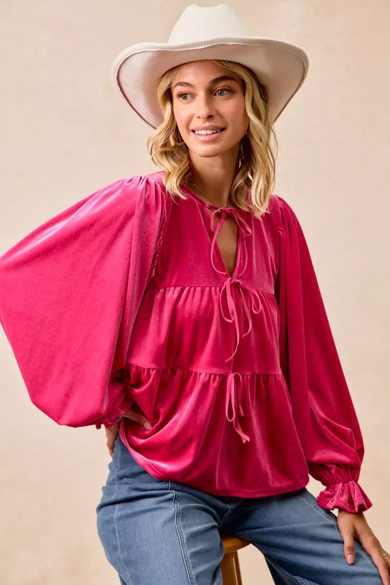 BiBi Christmas Theme Velvet Bow Tied Blouse | Blouses Daverri Fashions