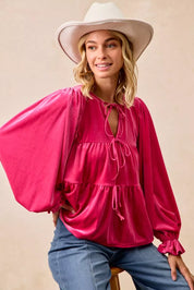 BiBi Christmas Theme Velvet Bow Tied Blouse | Blouses Daverri Fashions
