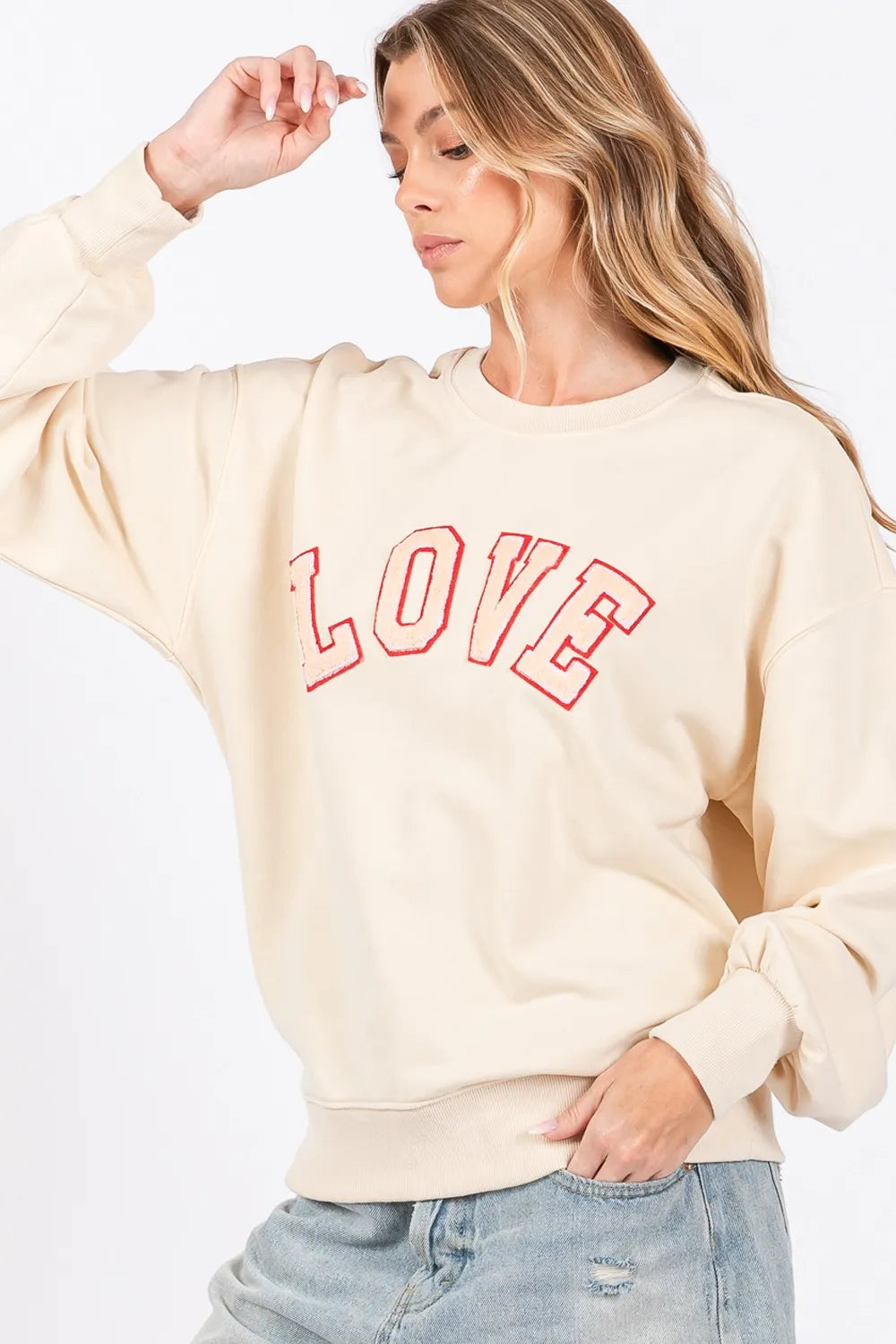 SAGE + FIG LOVE Path Applique Drop Shoulder Sweatshirt | Sweatshirts Daverri Fashions
