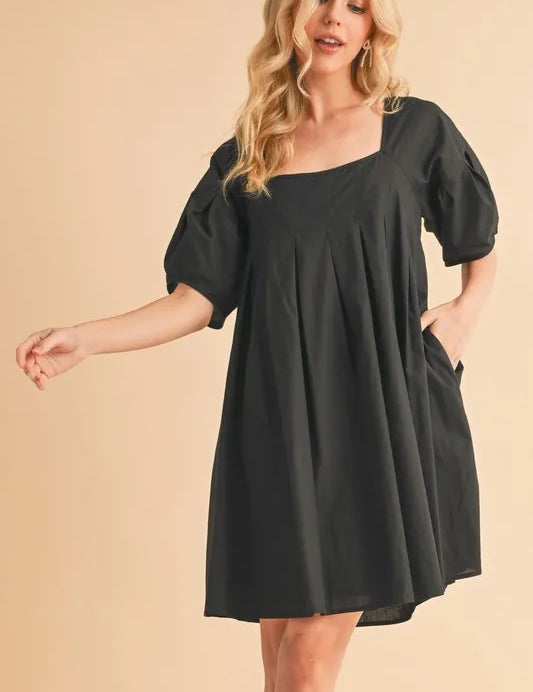 BLACK Aemi + Co Square Neck Babydoll Dress with Pockets | Daverri Fashions