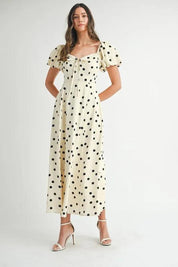 MABLE Polka Dot Puff Sleeve Midi Dress | Daverri Fashions