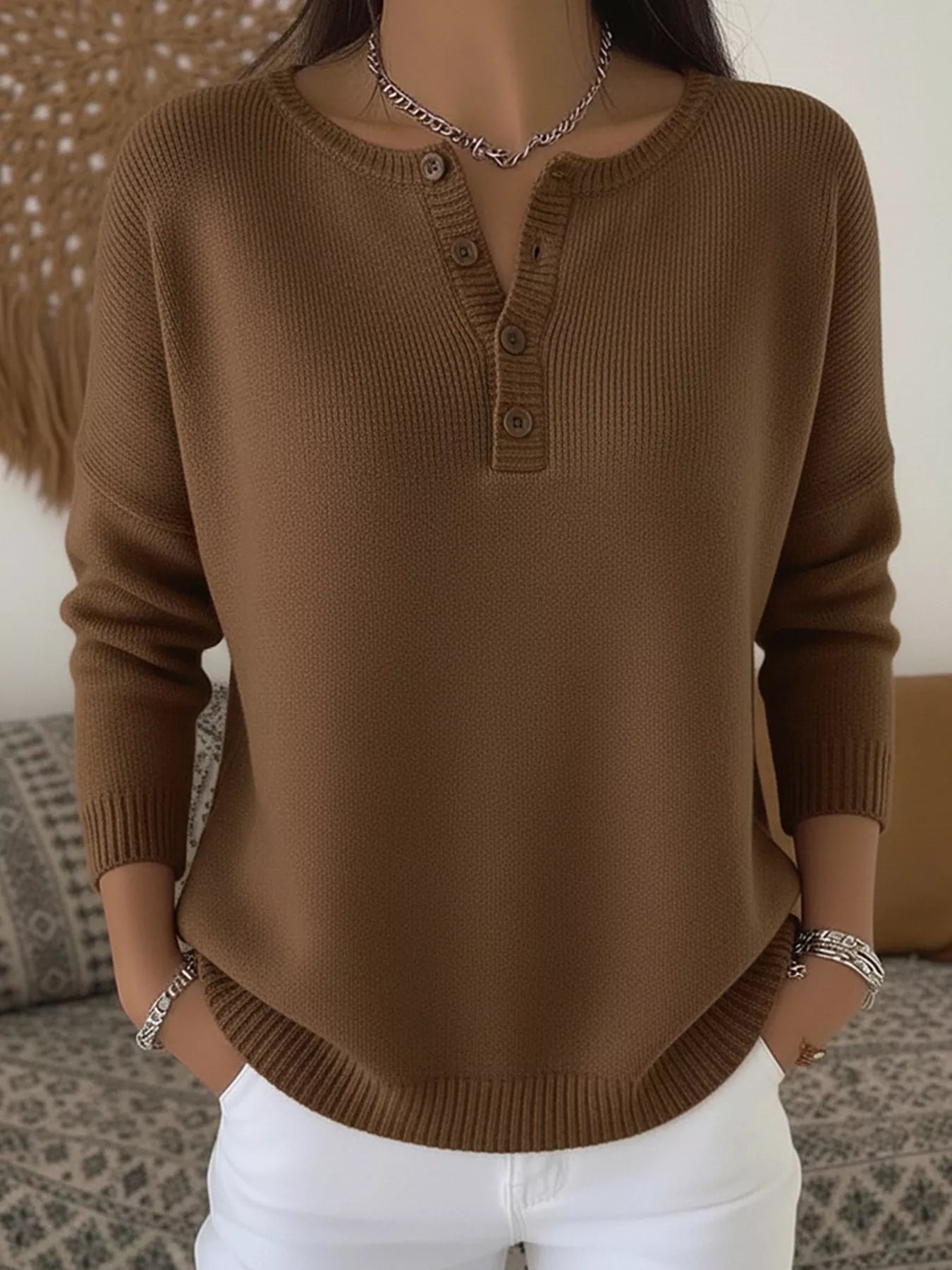 Brown Full Size Half Button Long Sleeve Knit Top Plus Size | Knit Tops Daverri Fashions