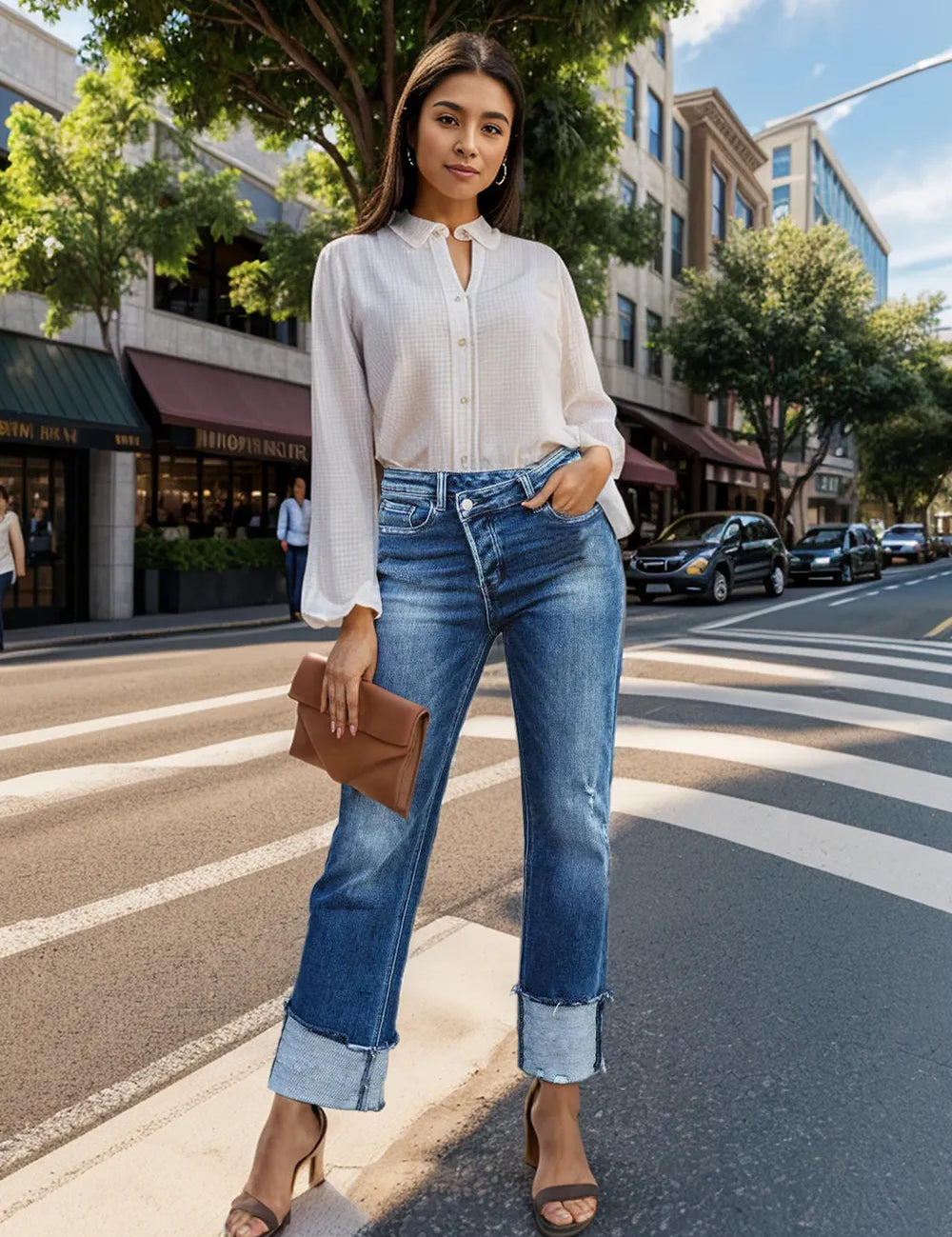 Stepped Waist Raw Hem Rolled Straight Jeans | Jeans Daverri Fashions