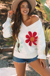 White 42%Acrylic+30%Polyester+28%Polyamide Big Flower Pattern V Neck Drop Shoulder Sweater | Sweaters Daverri Fashions