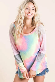 BiBi Tie Dye Terry Top with Color Block Pointelle Knit | Tops Daverri Fashions